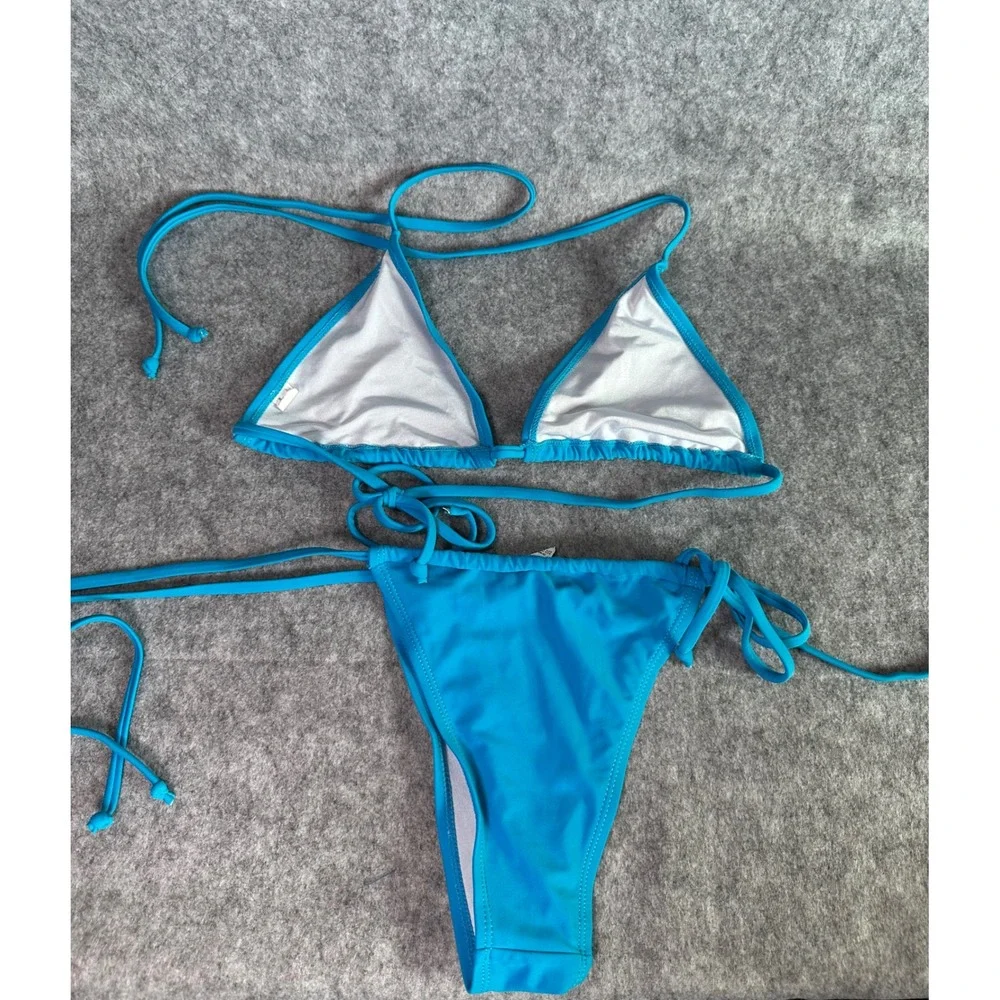 Turquoise Blue Triangle Bikini Set Side Tie High Cut Swimsuit Medium 20105 - Picture 2 of 6
